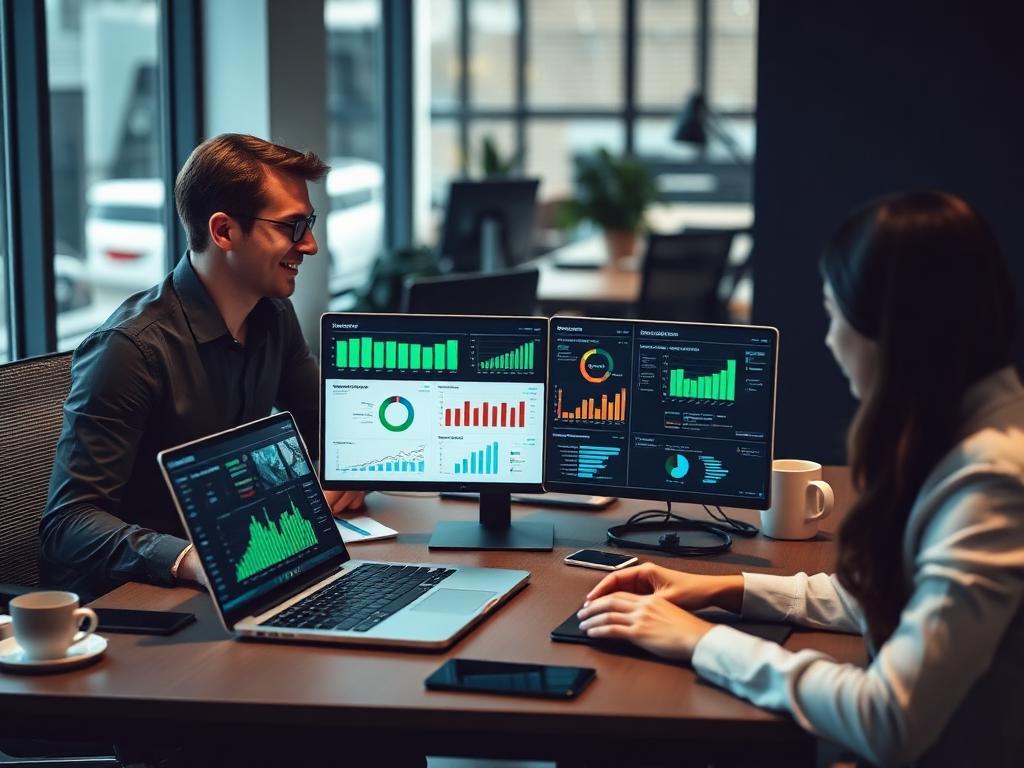 Equipe analisando indicadores e processos operacionais em dashboards